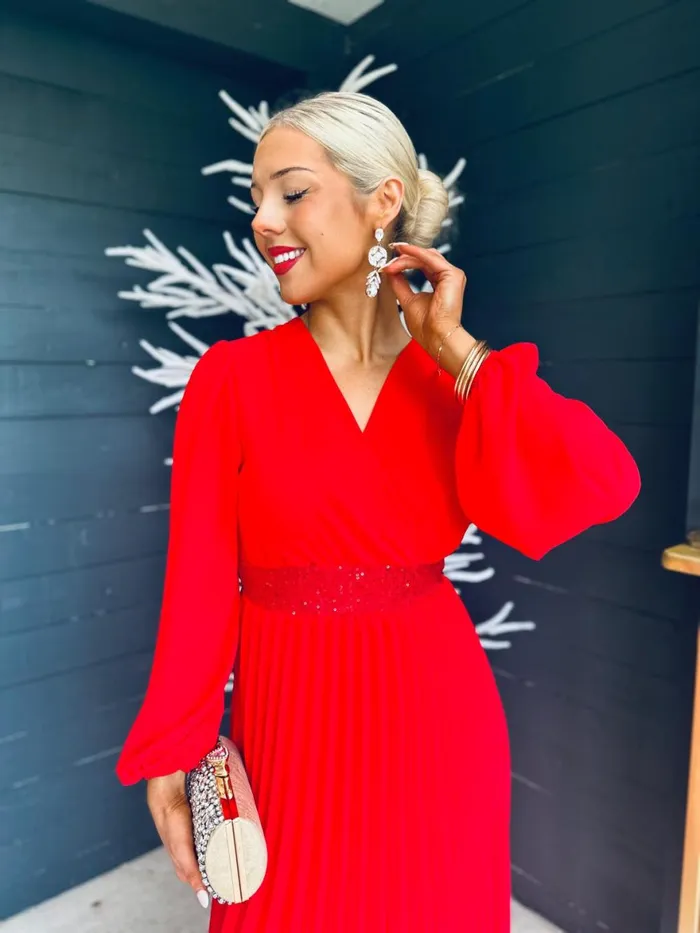 Women Midi Canella Lane Freya Pleated Sequin Detail Midi Dress Red