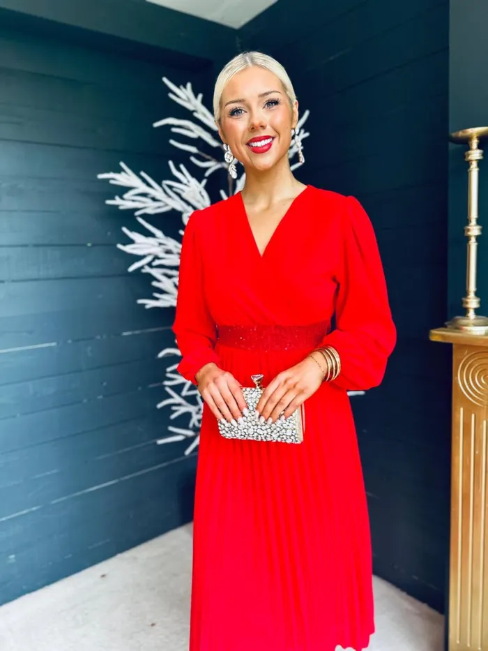 Women Midi Canella Lane Freya Pleated Sequin Detail Midi Dress Red