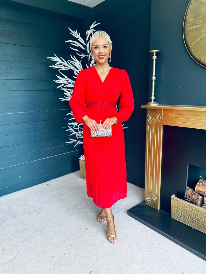 Women Midi Canella Lane Freya Pleated Sequin Detail Midi Dress Red