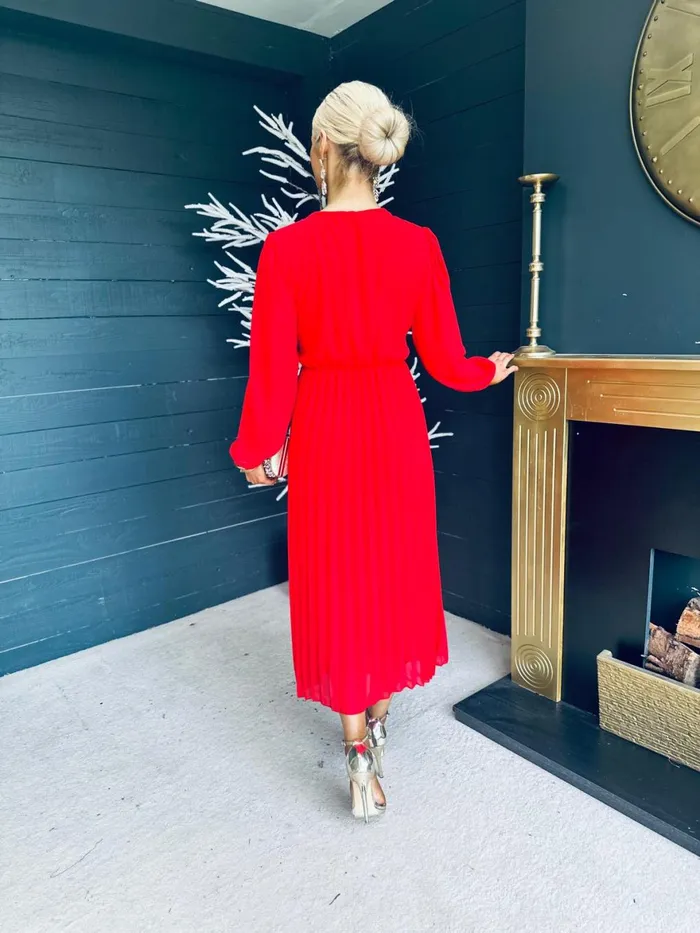 Women Midi Canella Lane Freya Pleated Sequin Detail Midi Dress Red