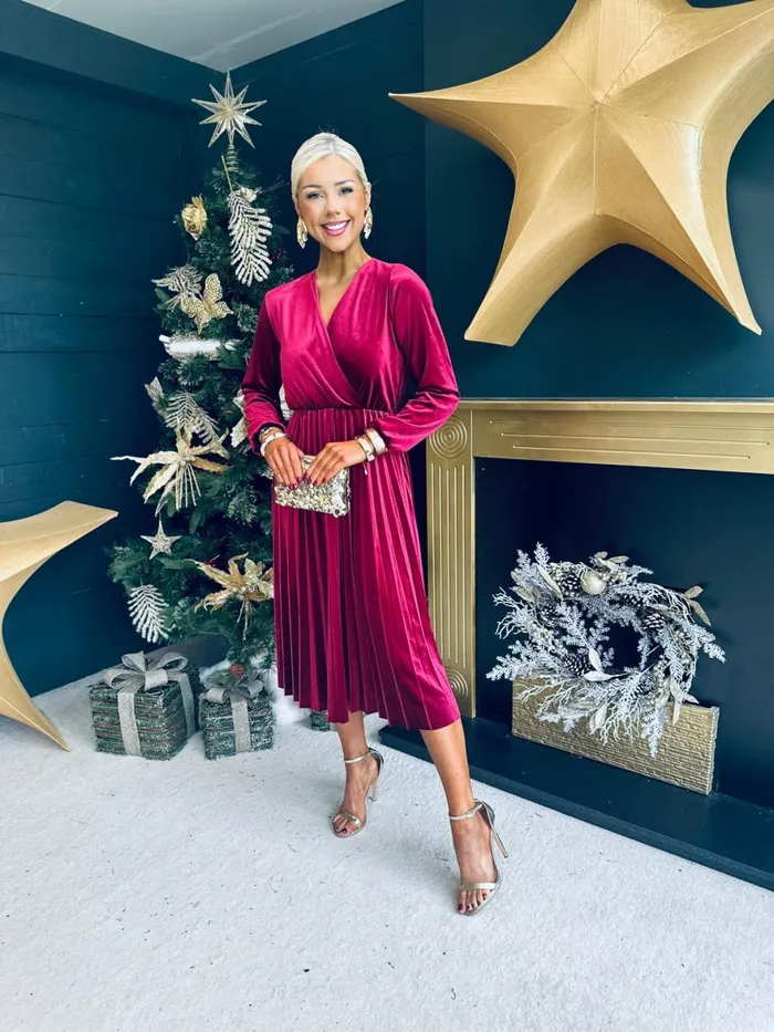 Women Midi Canella Lane Philipa Velvet Pleated Midi Dress Wine
