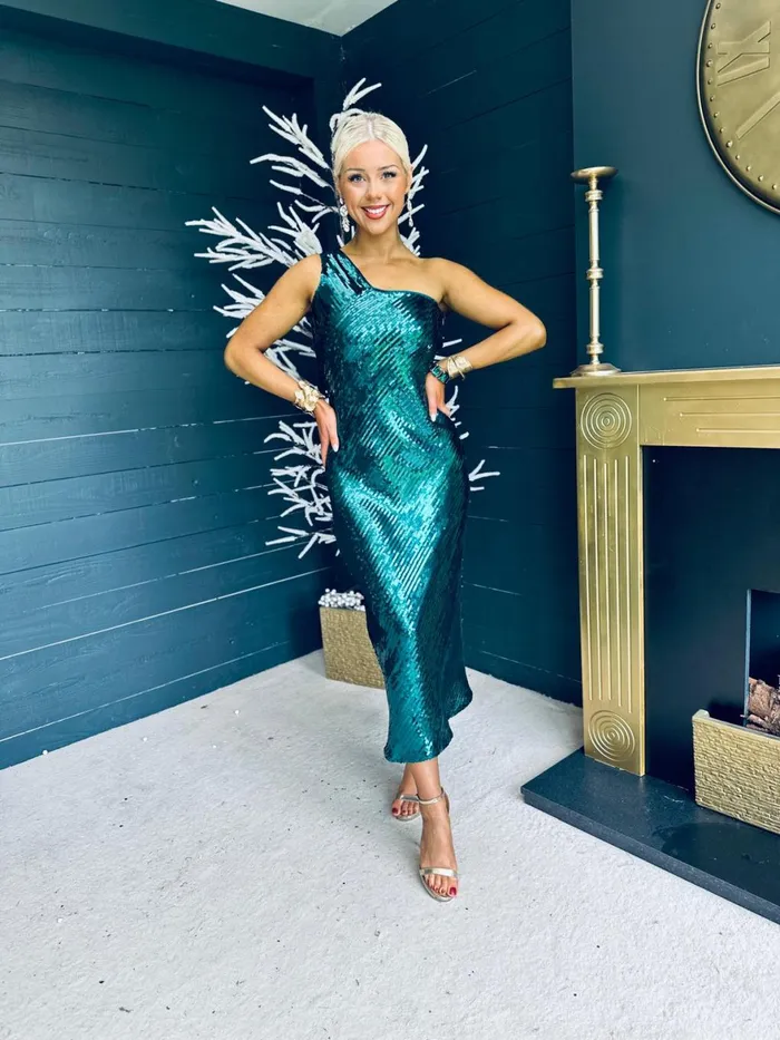 Women Midi Canella Lane Ramona Sequin One Shoulder Maxi Dress Green