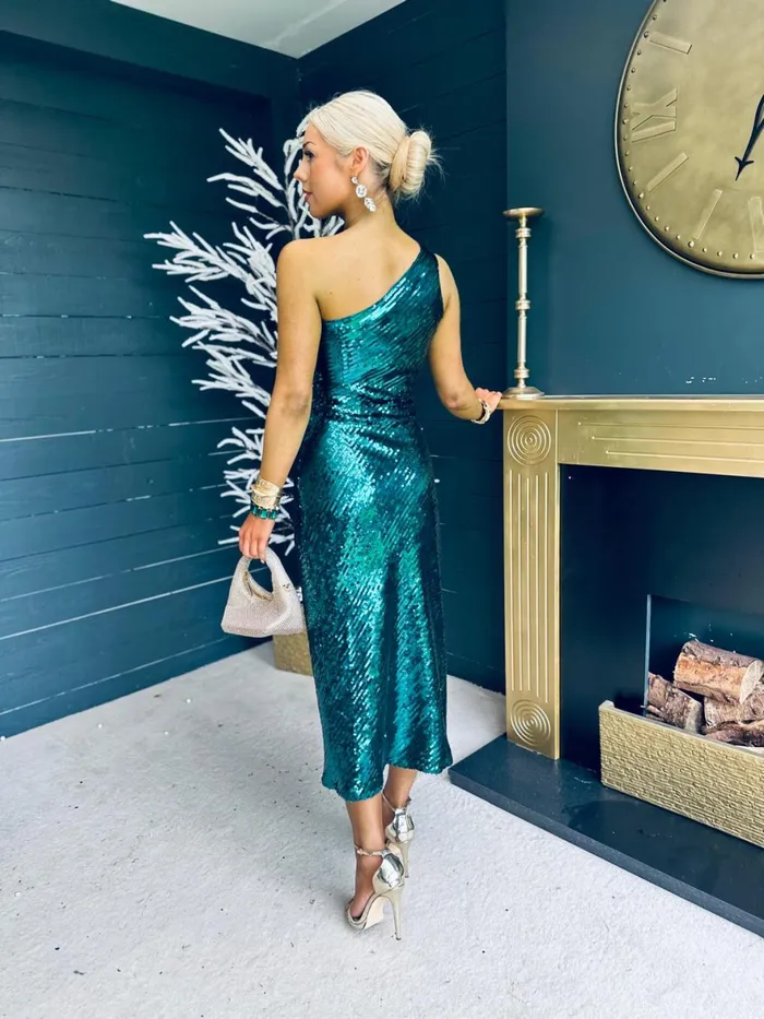 Women Midi Canella Lane Ramona Sequin One Shoulder Maxi Dress Green