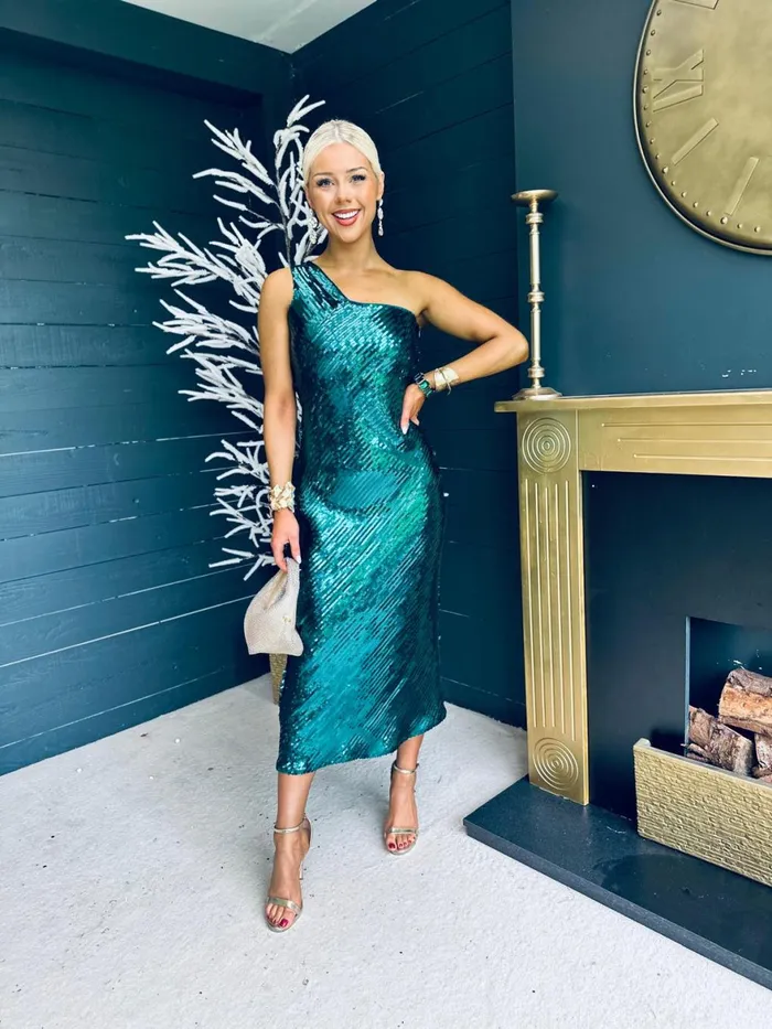 Women Midi Canella Lane Ramona Sequin One Shoulder Maxi Dress Green