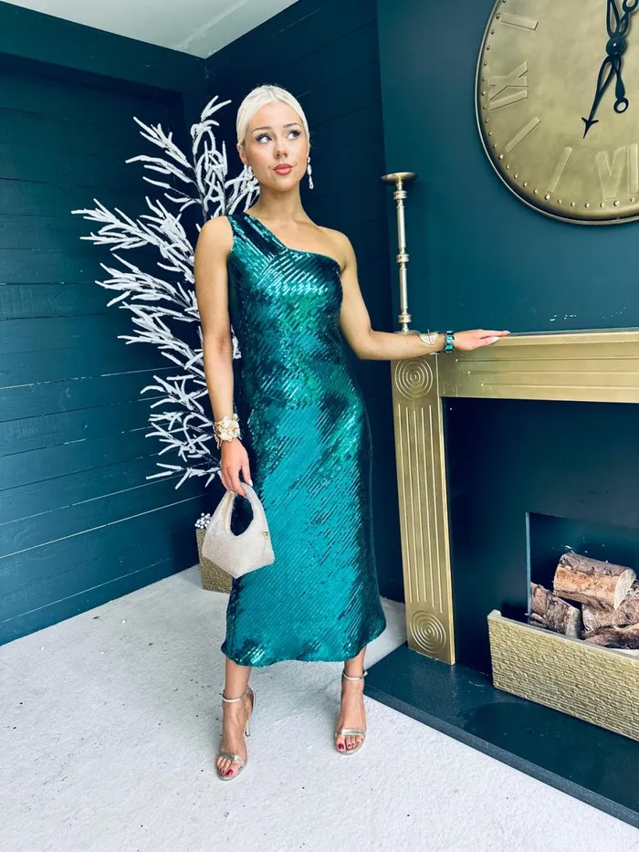 Women Midi Canella Lane Ramona Sequin One Shoulder Maxi Dress Green