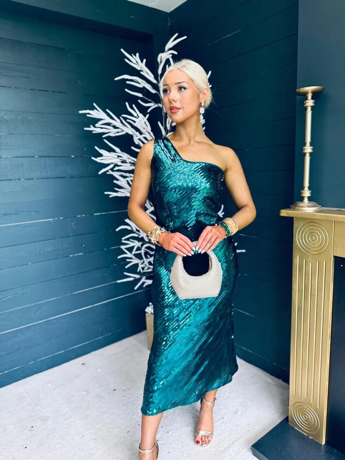 Women Midi Canella Lane Ramona Sequin One Shoulder Maxi Dress Green