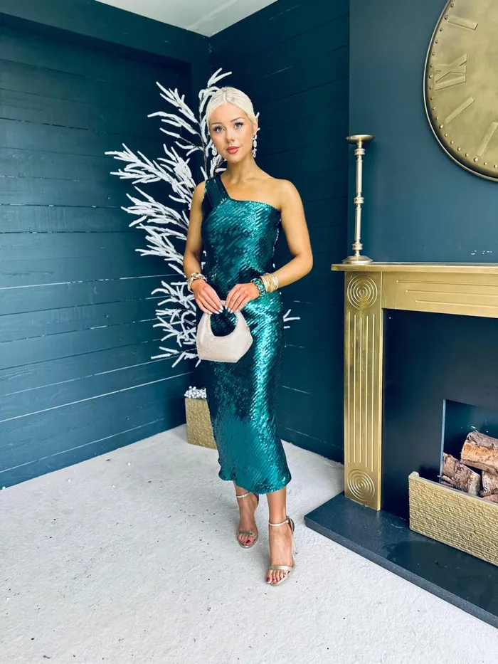 Women Midi Canella Lane Ramona Sequin One Shoulder Maxi Dress Green