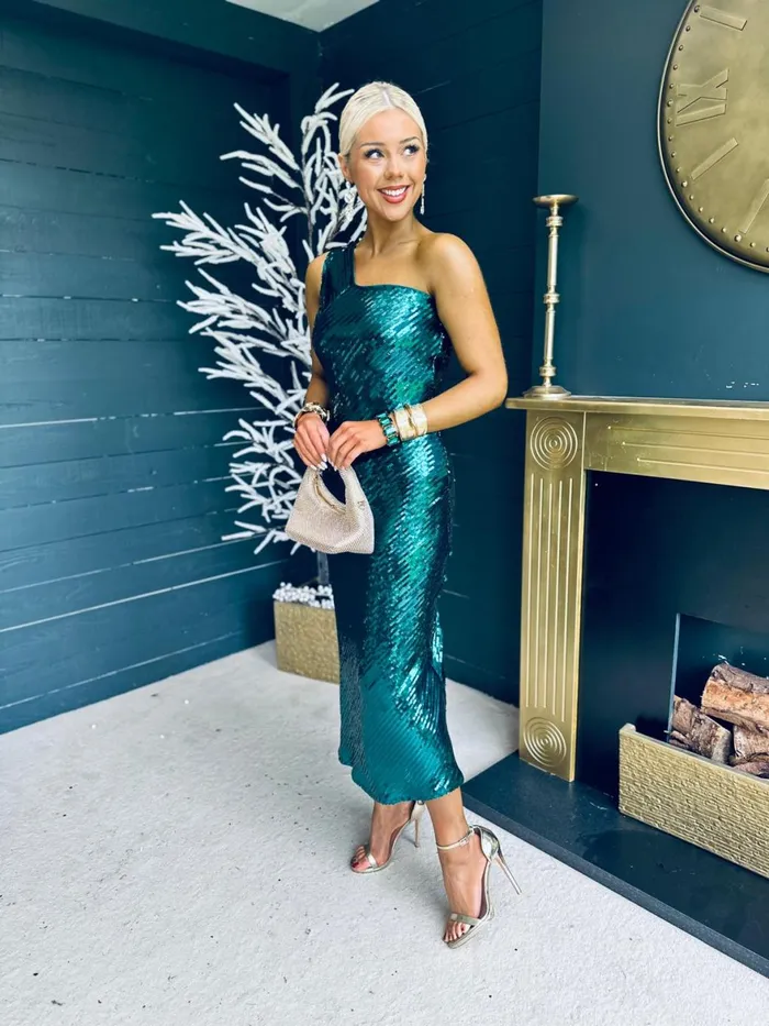 Women Midi Canella Lane Ramona Sequin One Shoulder Maxi Dress Green
