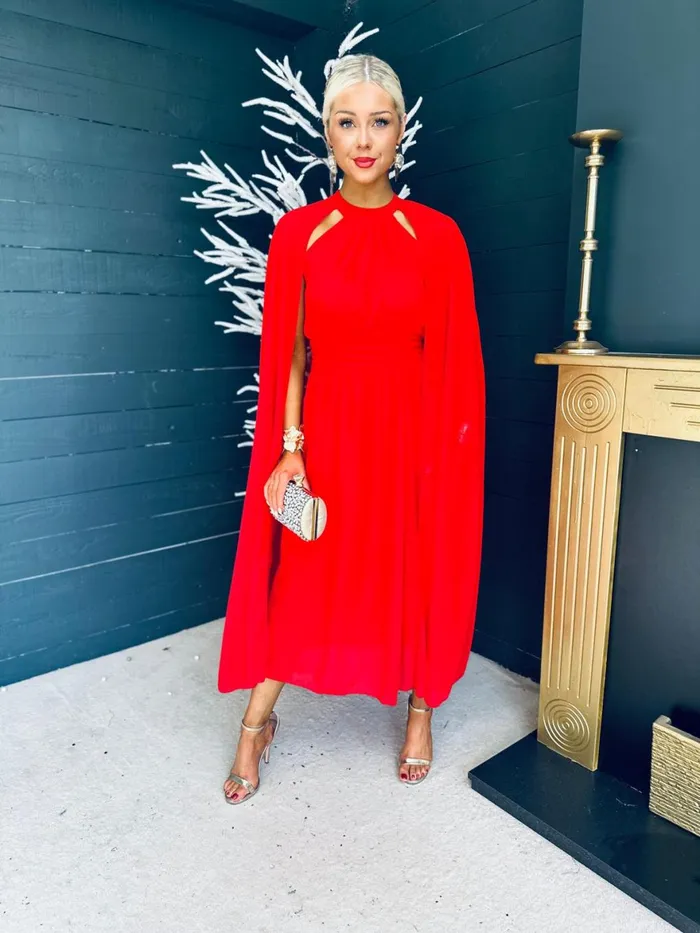 Women Midi Canella Lane Sorcha Cape Detail Occasion Dress Red