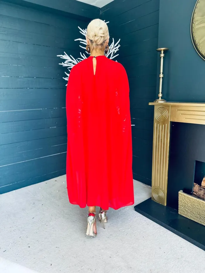 Women Midi Canella Lane Sorcha Cape Detail Occasion Dress Red