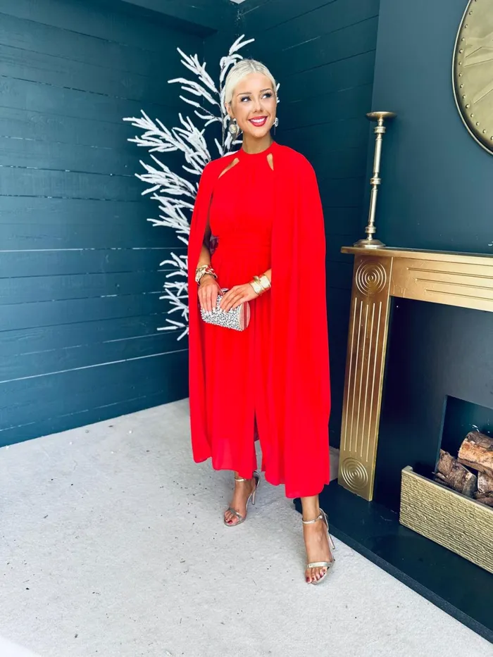 Women Midi Canella Lane Sorcha Cape Detail Occasion Dress Red