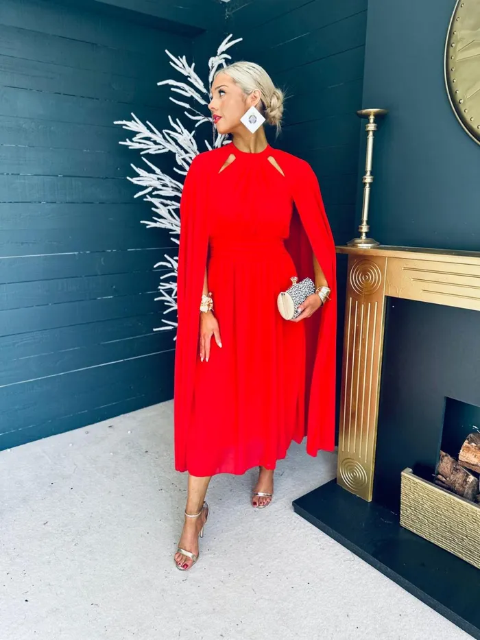 Women Midi Canella Lane Sorcha Cape Detail Occasion Dress Red