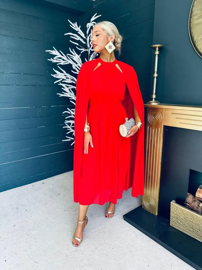 Women Midi Canella Lane Sorcha Cape Detail Occasion Dress Red