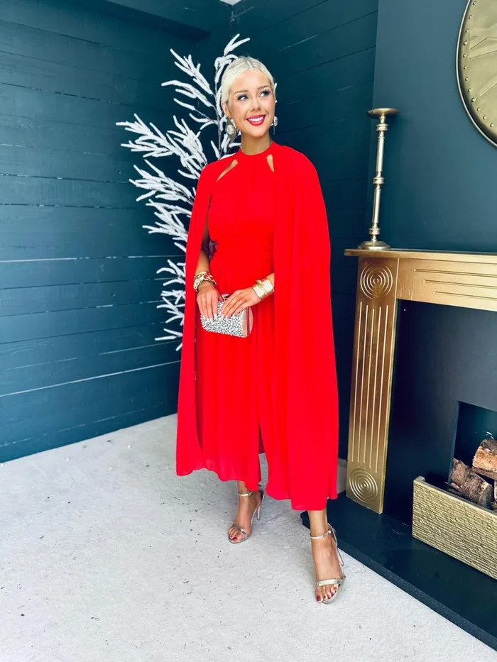 Women Midi Canella Lane Sorcha Cape Detail Occasion Dress Red