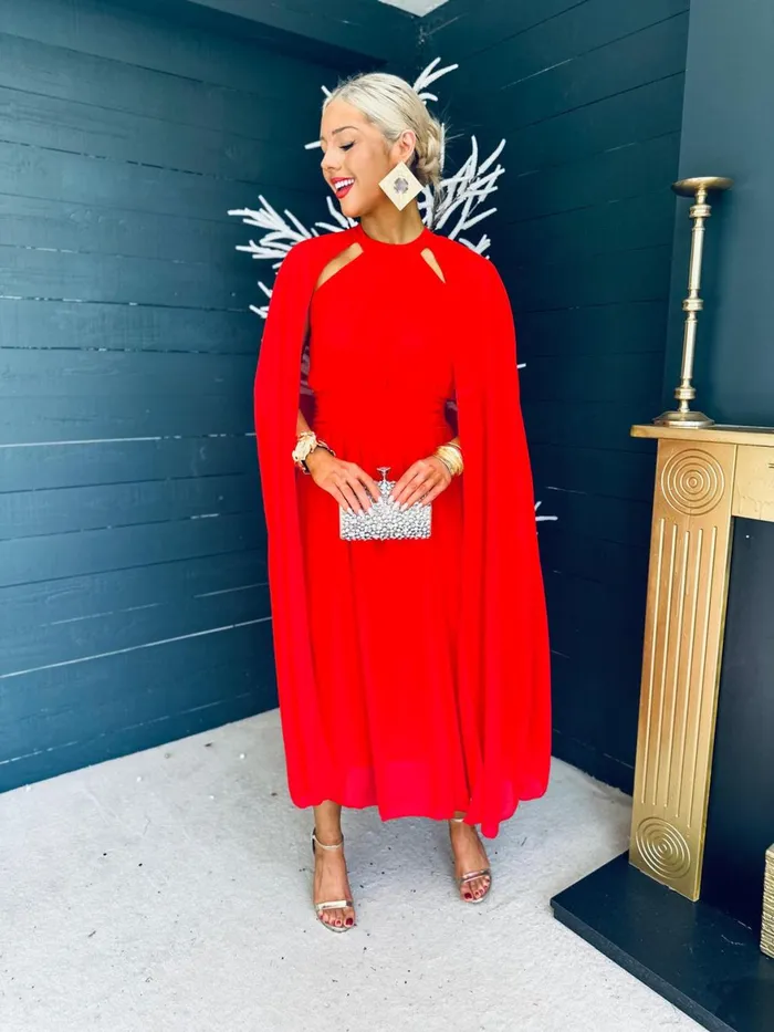 Women Midi Canella Lane Sorcha Cape Detail Occasion Dress Red