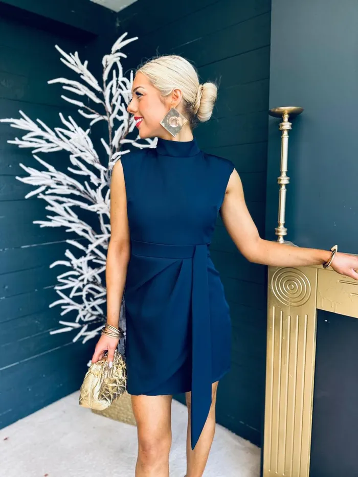 Women Mini Canella Lane Darcy High Neck Mini Dress Navy