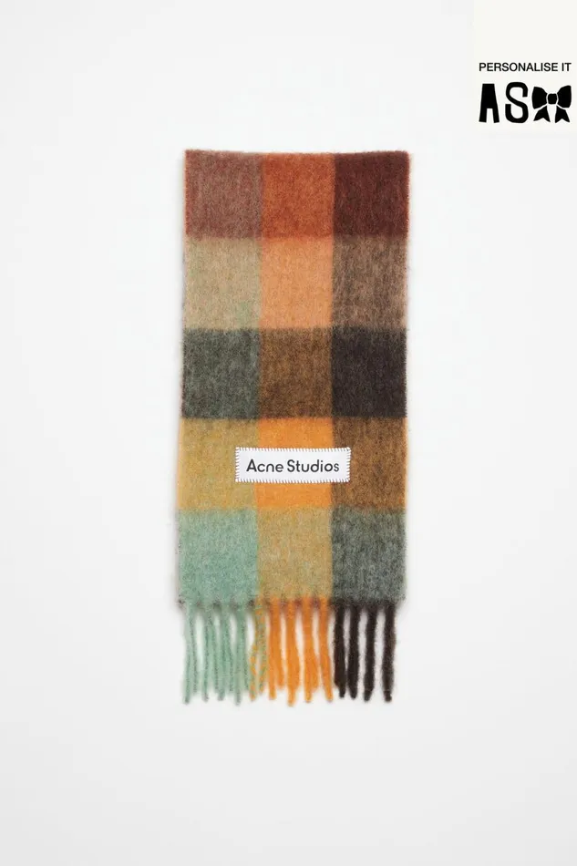 Women Mohair Checked Scarf Chestnut Brownyellowgreen Acne Studios Scarves