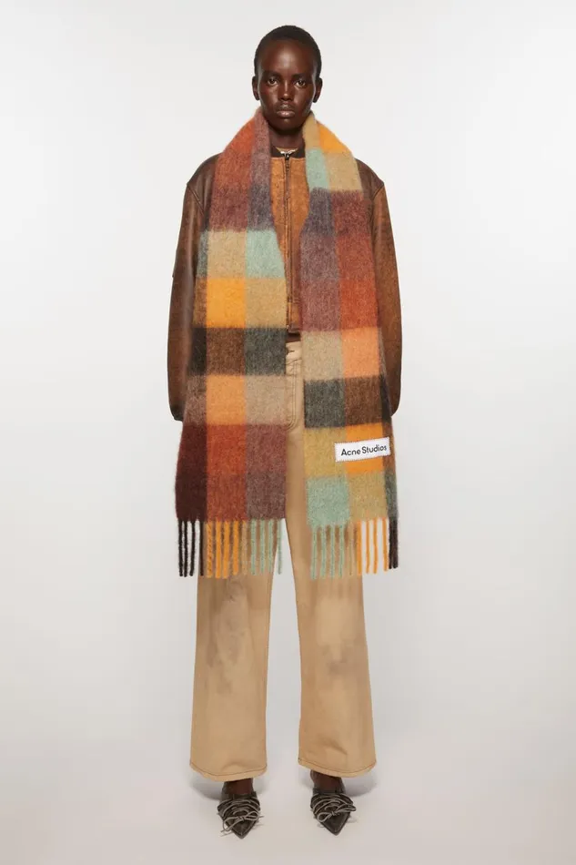 Women Mohair Checked Scarf Chestnut Brownyellowgreen Acne Studios Scarves