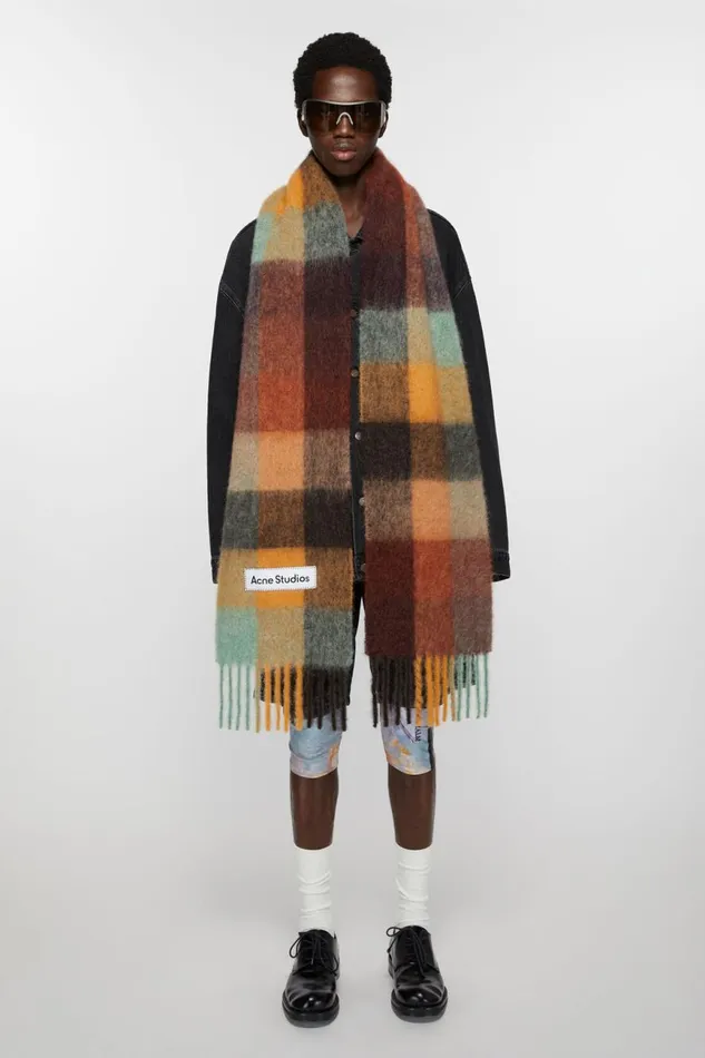 Women Mohair Checked Scarf Chestnut Brownyellowgreen Acne Studios Scarves