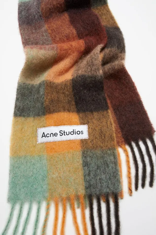 Women Mohair Checked Scarf Chestnut Brownyellowgreen Acne Studios Scarves