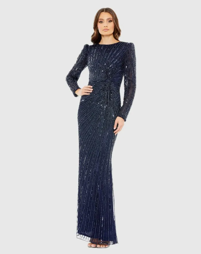 Women Navy Embellished Puff Sleeve Side Knot Gown Navy Evening Gowns Mac Duggal