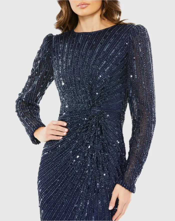 Women Navy Embellished Puff Sleeve Side Knot Gown Navy Evening Gowns Mac Duggal