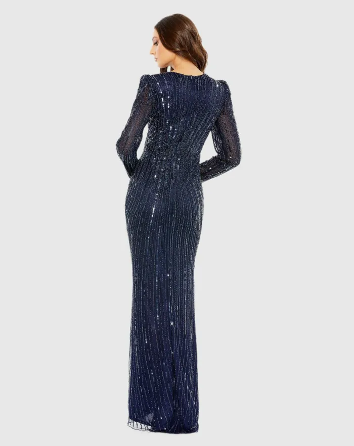Women Navy Embellished Puff Sleeve Side Knot Gown Navy Evening Gowns Mac Duggal