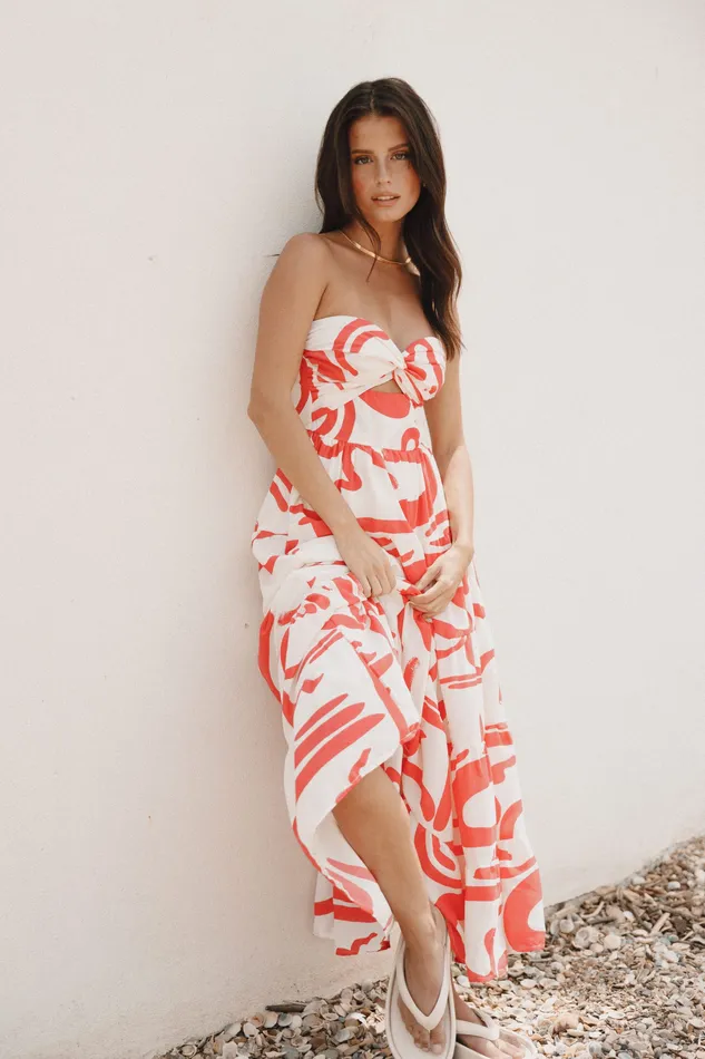 Women petalandpup Sitara Strapless Midi Dress 8211 White Red White Red Dresses