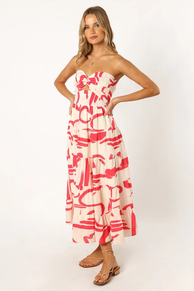 Women petalandpup Sitara Strapless Midi Dress 8211 White Red White Red Dresses