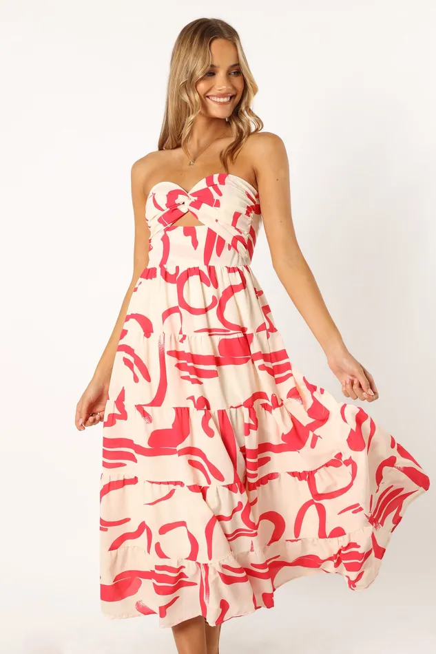 Women petalandpup Sitara Strapless Midi Dress 8211 White Red White Red Dresses