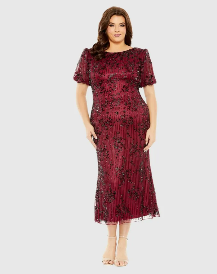Women Plus Size Dresses Mac Duggal Red High Neck Puff Sleeve Embellished Dress Burgundy