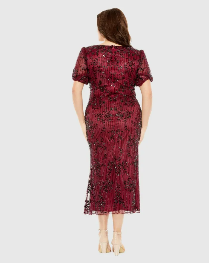 Women Plus Size Dresses Mac Duggal Red High Neck Puff Sleeve Embellished Dress Burgundy