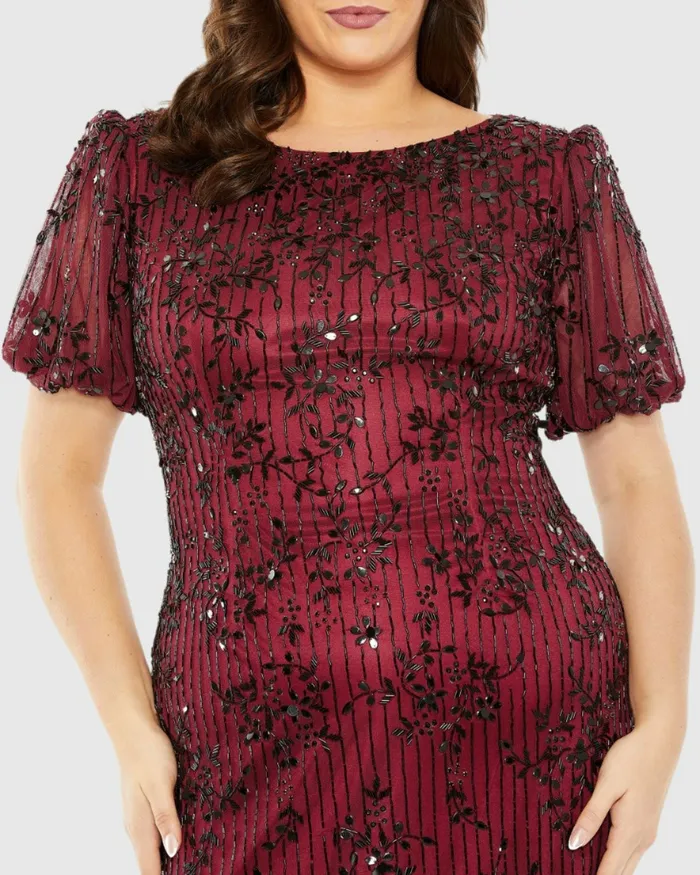 Women Plus Size Dresses Mac Duggal Red High Neck Puff Sleeve Embellished Dress Burgundy