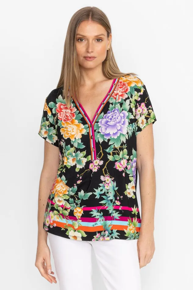 Women Plus Size Johnny Was THE JANIE FAVORITE BUTTON NECK TEE Le Jardin Scarf Print