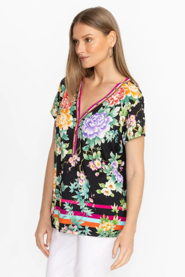 Women Plus Size Johnny Was THE JANIE FAVORITE BUTTON NECK TEE Le Jardin Scarf Print Women Plus Size Johnny Was THE JANIE FAVORITE BUTTON NECK TEE Le Jardin Scarf Print