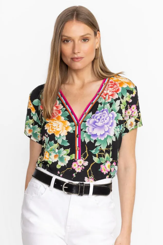 Women Plus Size Johnny Was THE JANIE FAVORITE BUTTON NECK TEE Le Jardin Scarf Print Women Plus Size Johnny Was THE JANIE FAVORITE BUTTON NECK TEE Le Jardin Scarf Print
