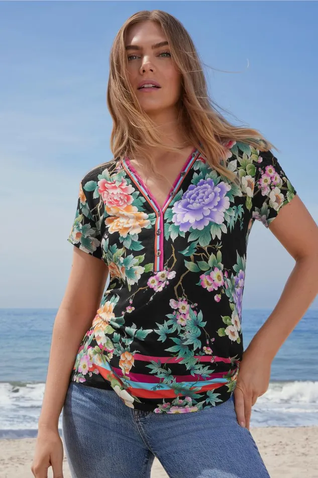 Women Plus Size Johnny Was THE JANIE FAVORITE BUTTON NECK TEE Le Jardin Scarf Print Women Plus Size Johnny Was THE JANIE FAVORITE BUTTON NECK TEE Le Jardin Scarf Print