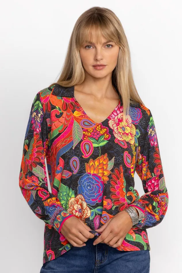 Women Plus Size Johnny Was THE JANIE FAVORITE PUFF SLEEVE POLO Emberwing Scarf Print