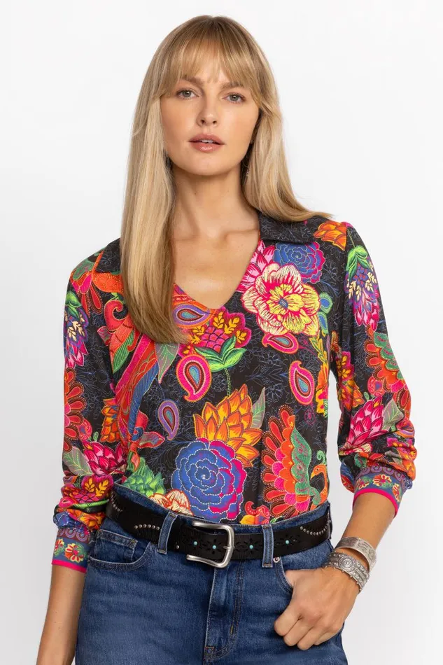 Women Plus Size Johnny Was THE JANIE FAVORITE PUFF SLEEVE POLO Emberwing Scarf Print Women Plus Size Johnny Was THE JANIE FAVORITE PUFF SLEEVE POLO Emberwing Scarf Print