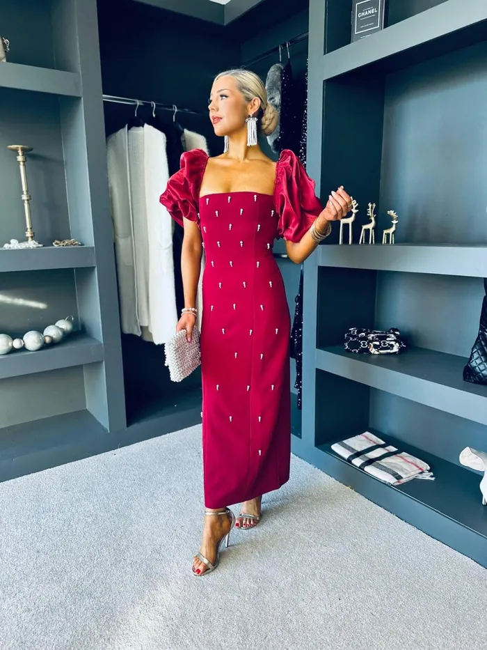 Women Premium Canella Lane Ivy Embellished Occasion Dress Burgundy