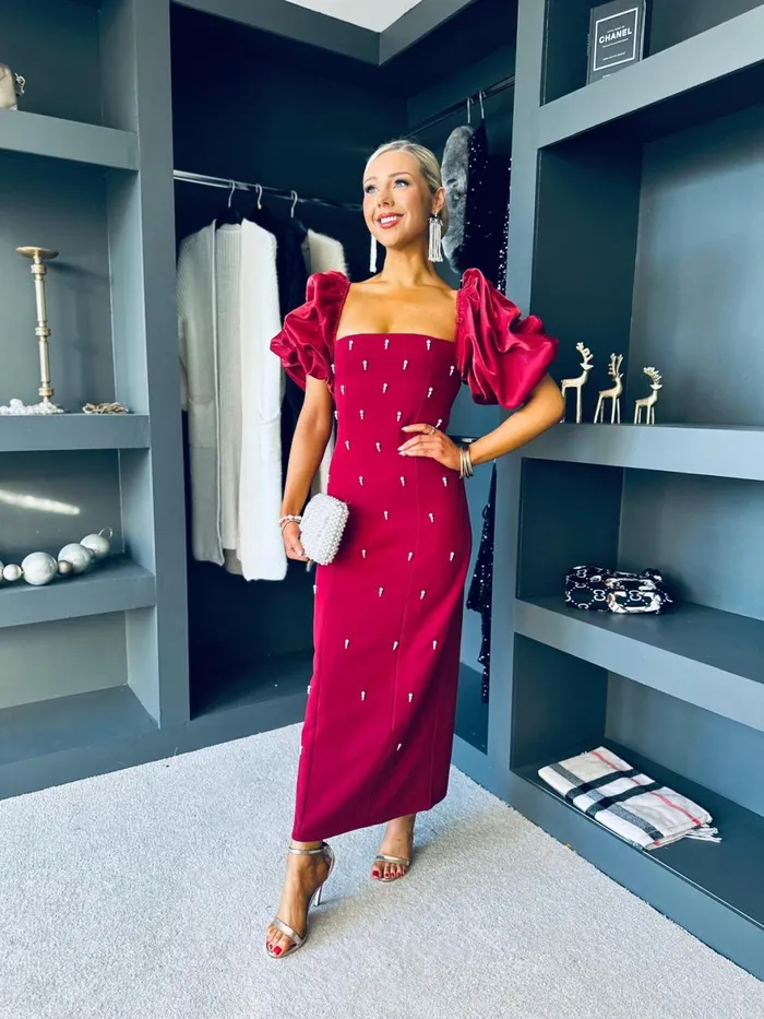 Women Premium Canella Lane Ivy Embellished Occasion Dress Burgundy