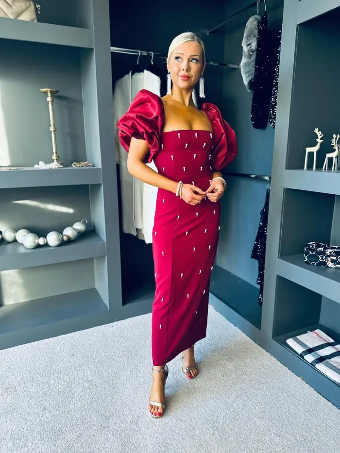 Women Premium Canella Lane Ivy Embellished Occasion Dress Burgundy