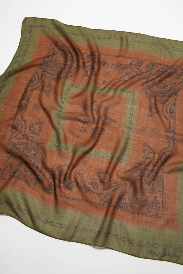 Women Print Light Wool Scarf Khaki Greenrust Orange Acne Studios Scarves