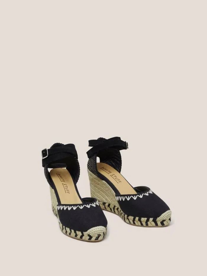 Women SANDALS White Stuff Embroidered Wedge Espadrille Pure Black
