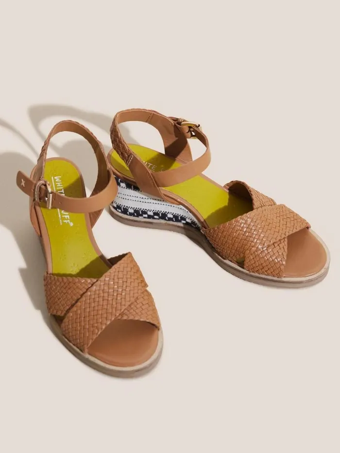 Women SANDALS White Stuff Leather Wedge Woven Sandal Mid Tan