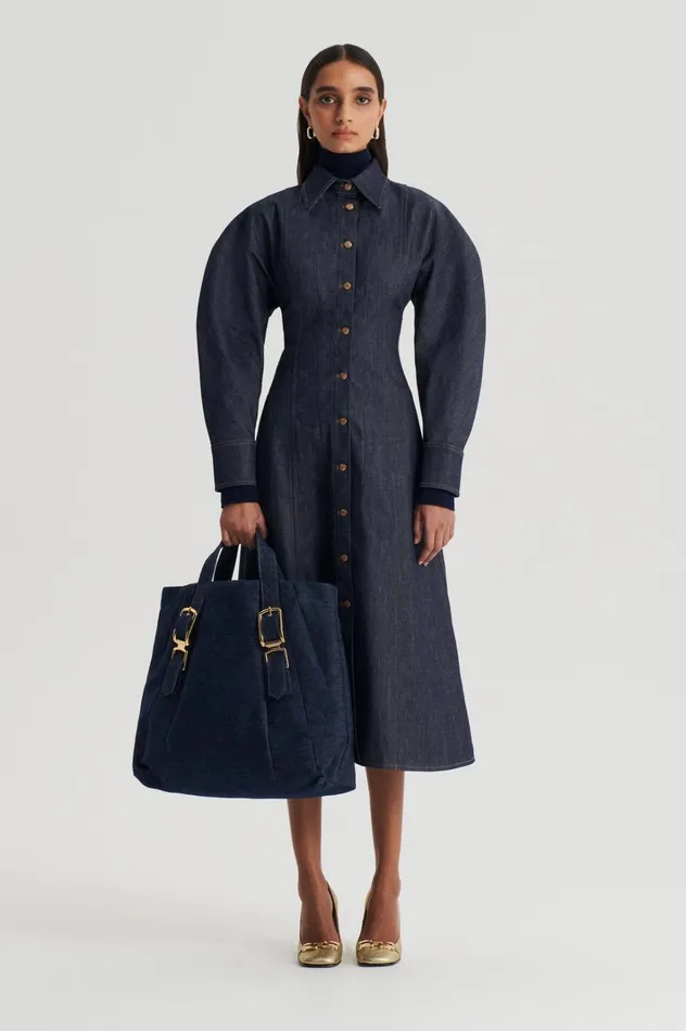 Women Scanlan Theodore Denim DENIM COCOON SLEEVE MIDI DRESS Indigo B
