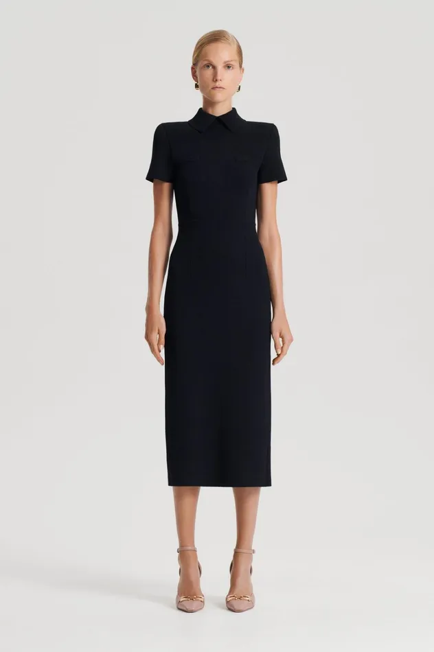 Women Scanlan Theodore Dresses CREPE KNIT COLLAR DRESS Black