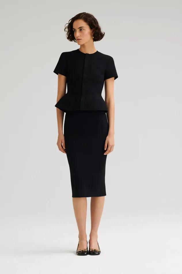 Women Scanlan Theodore Jackets CREPE KNIT SHORT SLEEVE PEPLUM JACKET Black