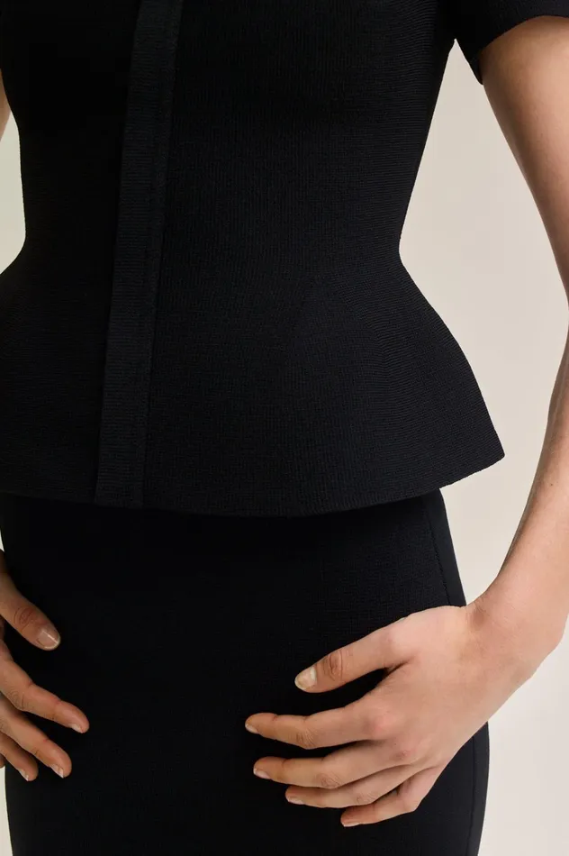 Women Scanlan Theodore Jackets CREPE KNIT SHORT SLEEVE PEPLUM JACKET Black Women Scanlan Theodore Jackets CREPE KNIT SHORT SLEEVE PEPLUM JACKET Black