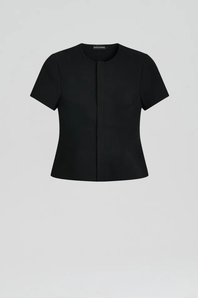 Women Scanlan Theodore Jackets CREPE KNIT SHORT SLEEVE PEPLUM JACKET Black Women Scanlan Theodore Jackets CREPE KNIT SHORT SLEEVE PEPLUM JACKET Black